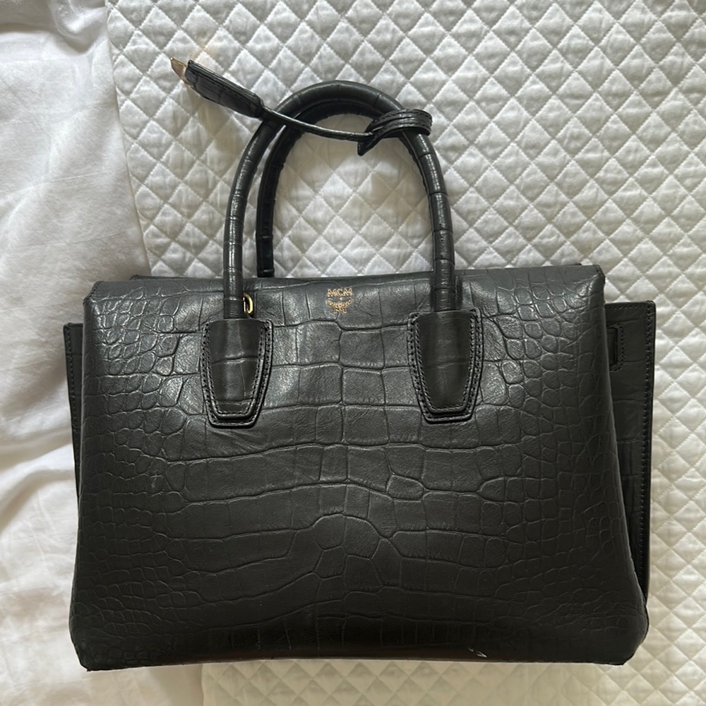 MCM Black Crocodile-Embossed Satchel